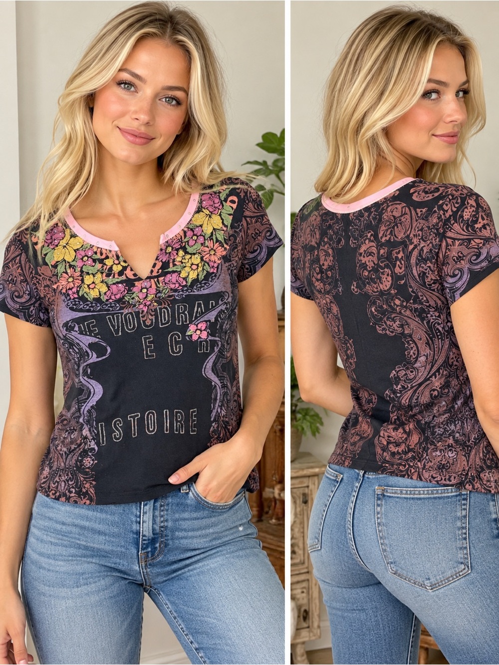 Vanilla Sugar Black Short Sleeve Tee with Pink Trim & Floral Embroidery PP20 L22
